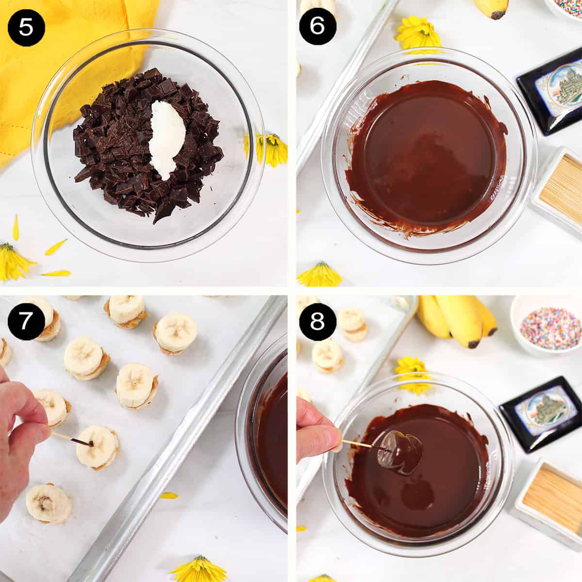 Steps to dip bananas in chocolate.
