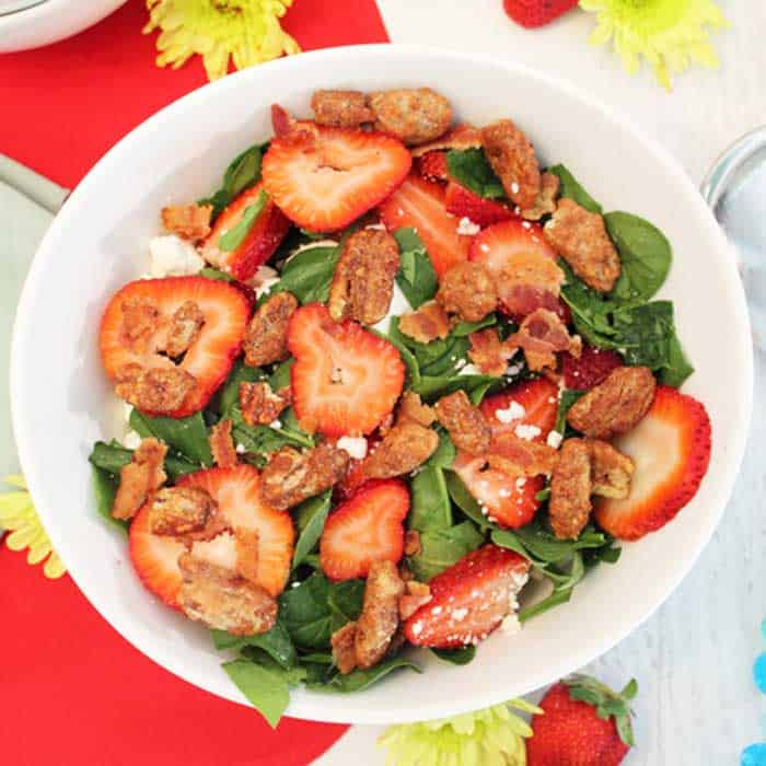 Spinach Strawberry Salad with Goat Cheese square | 2 Cookin Mamas