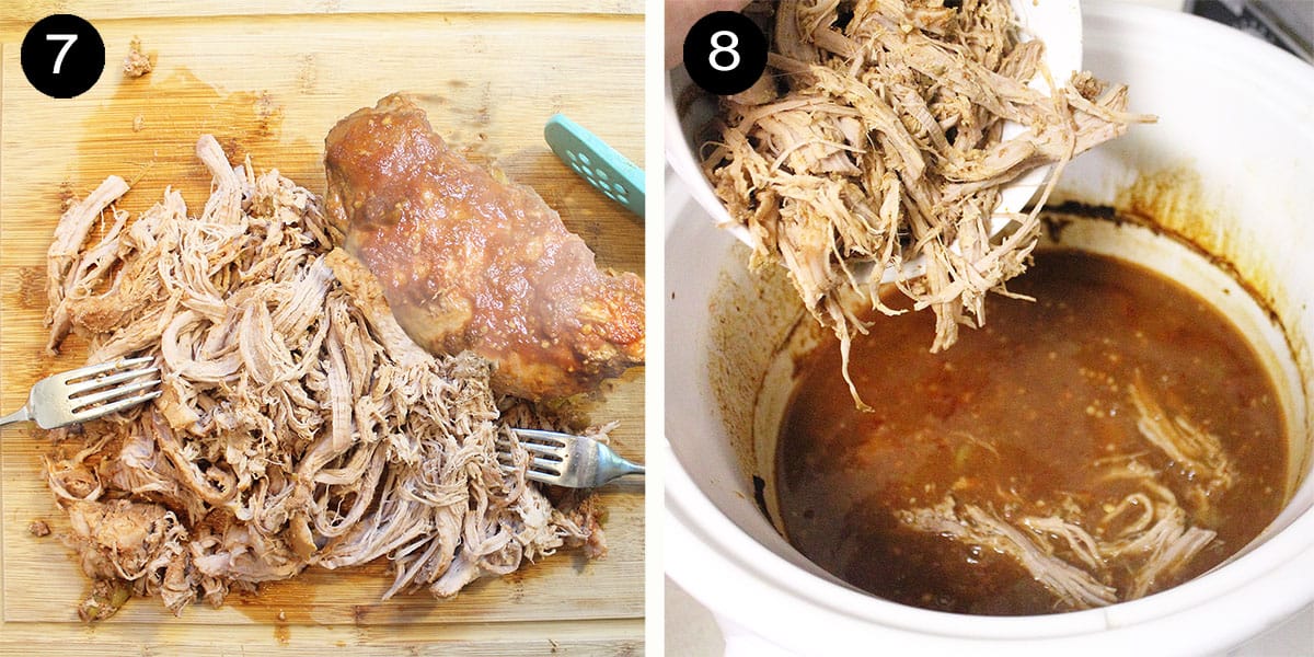 Finishing pulled pork and adding back to sauce.