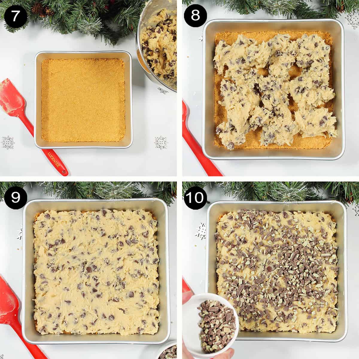 Assembling cookie bars.