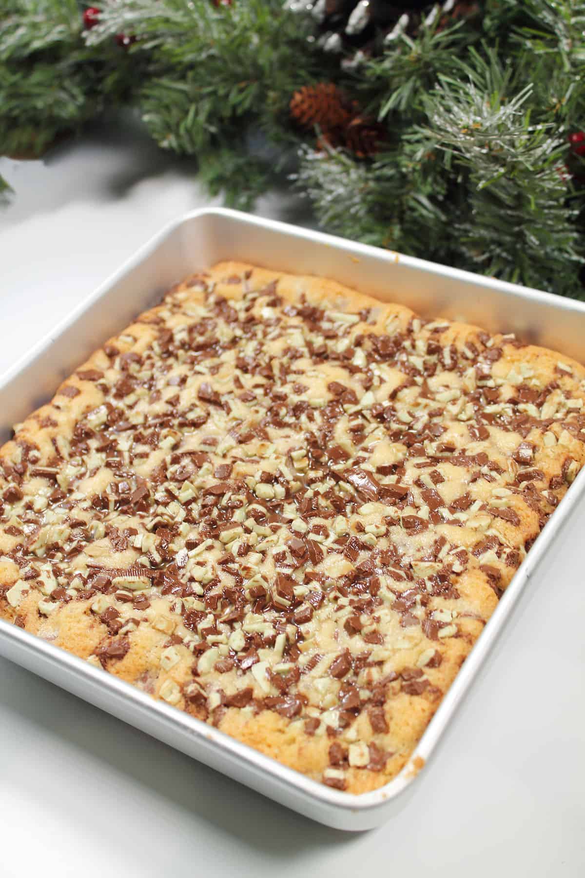 Baked chocolate mint bars in pan.