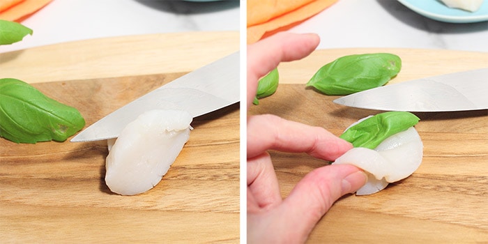 Cutting and stuffing scallops with basil.