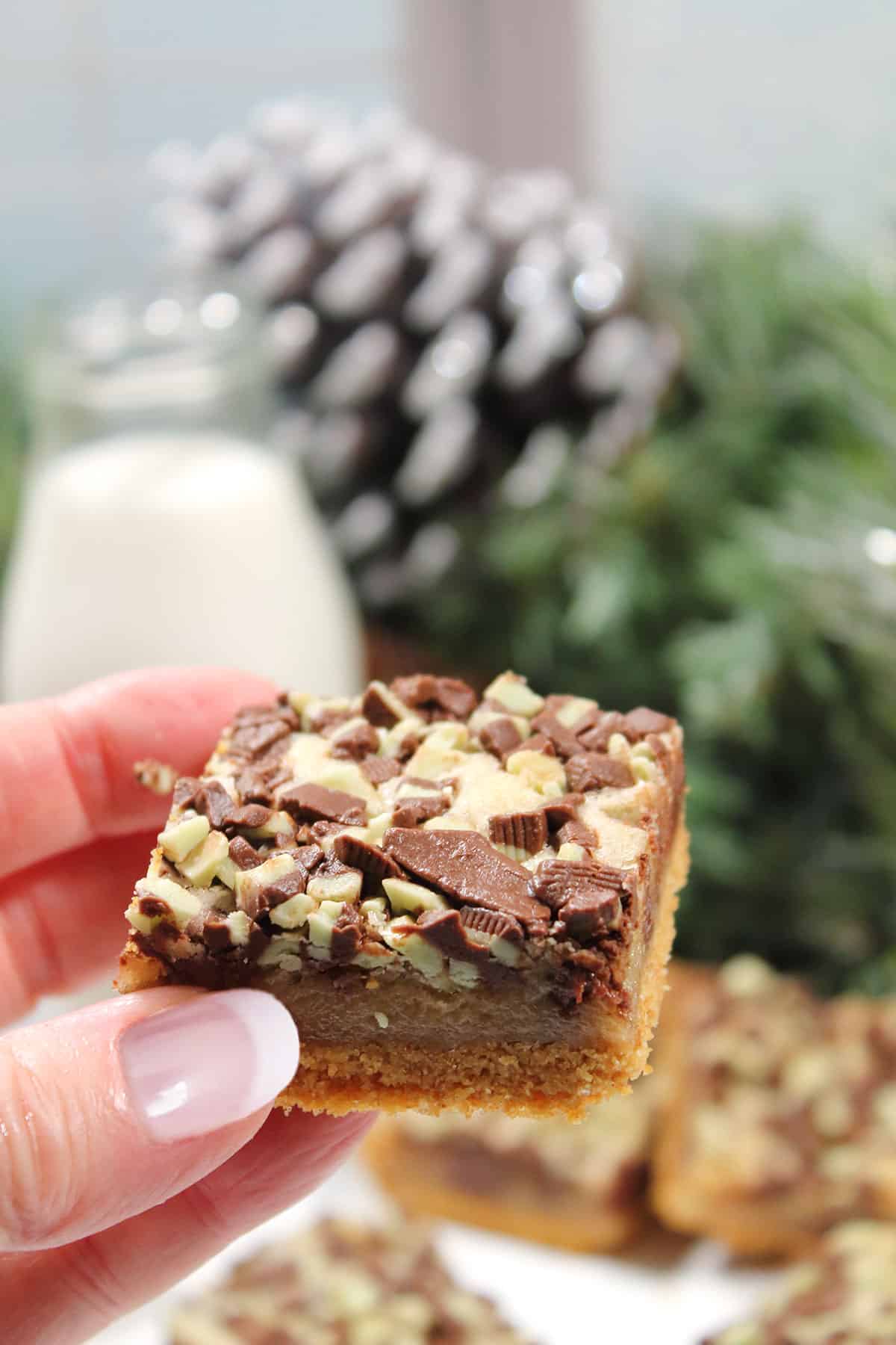 Holding a chocolate mint bar.