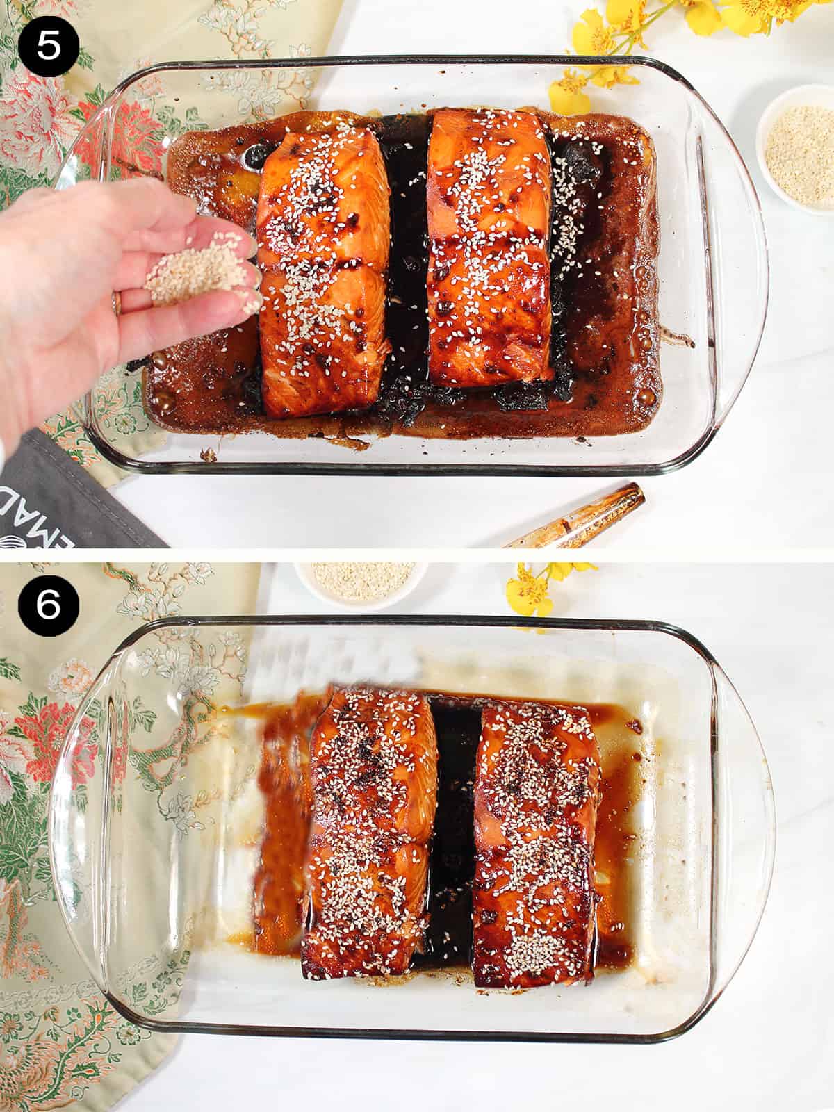 How to make honey glazed salmon steps 5-6.