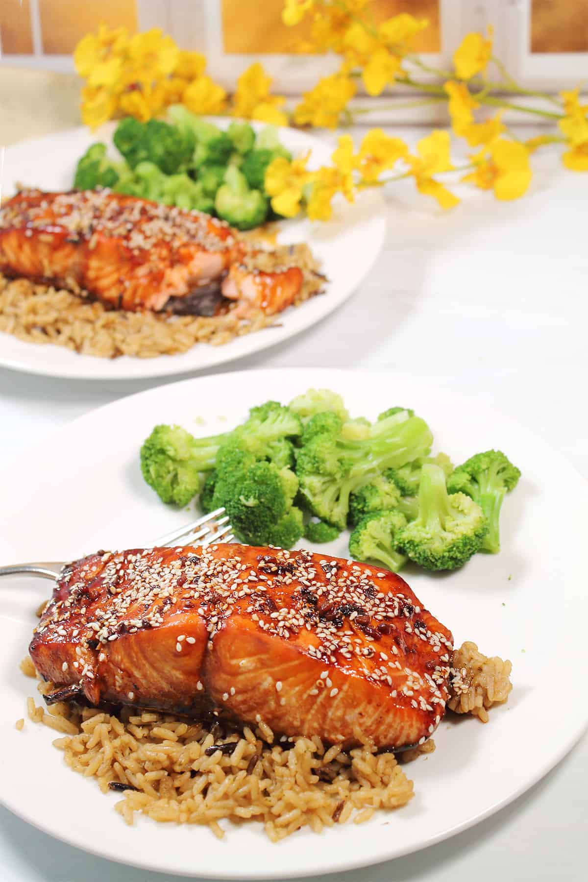 Two Baked Honey Soy Salmon dinners over rice.