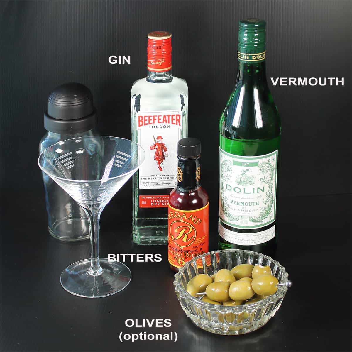 Dry martini ingredients.