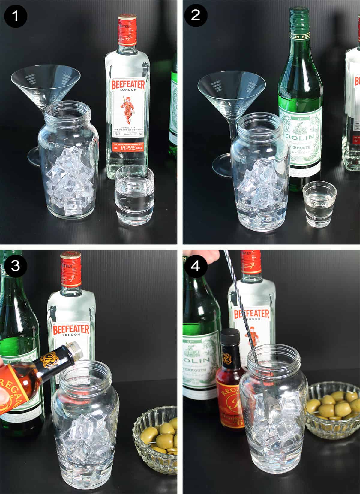 Classic dry martini prep steps.