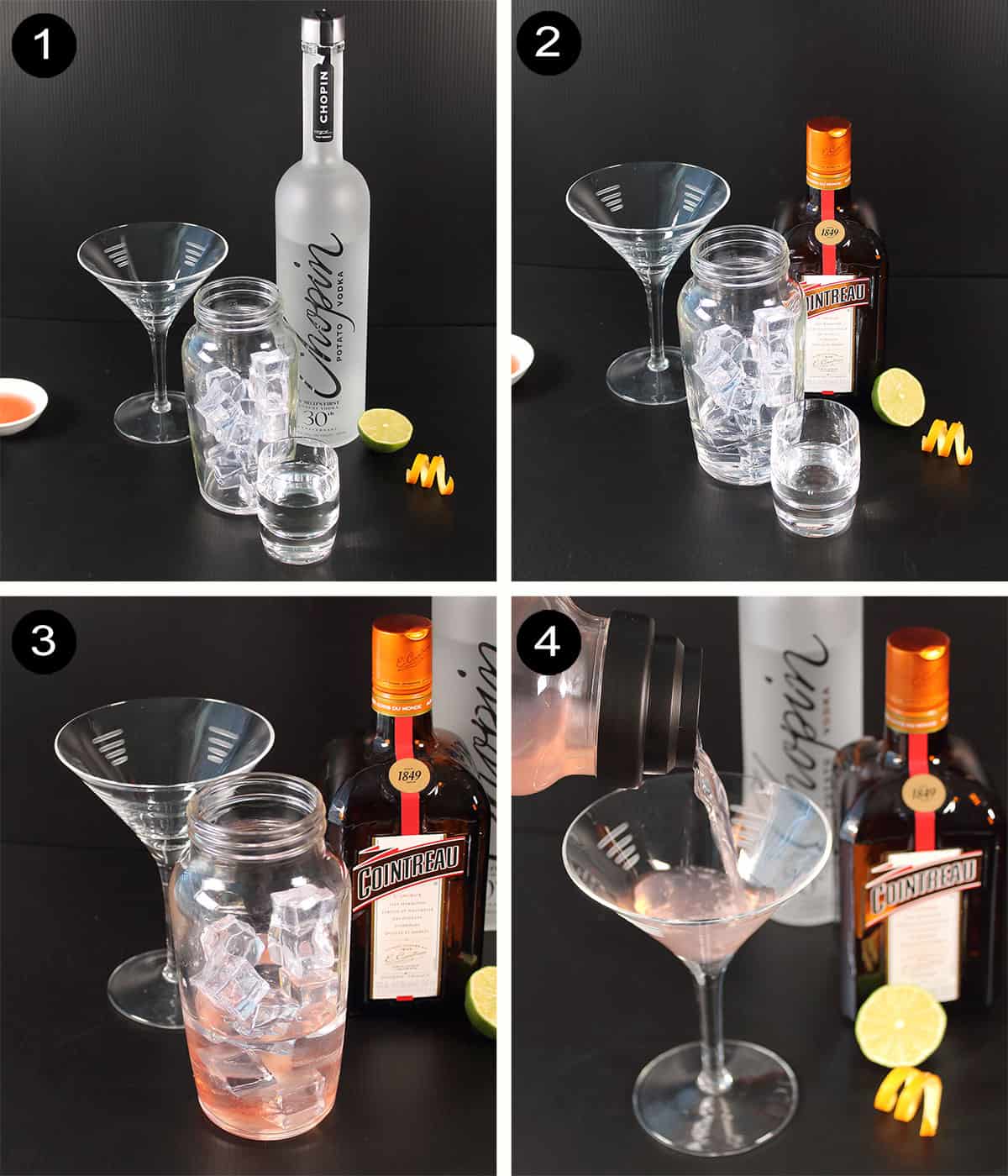 Prep steps to make a Cosmopolitan.