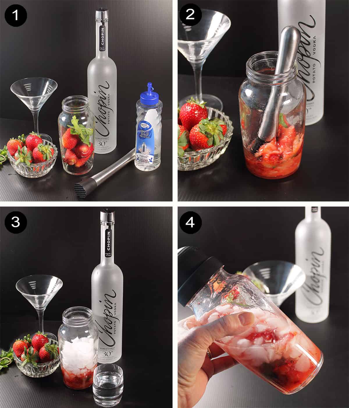 Strawberry Mint Martini prep steps.