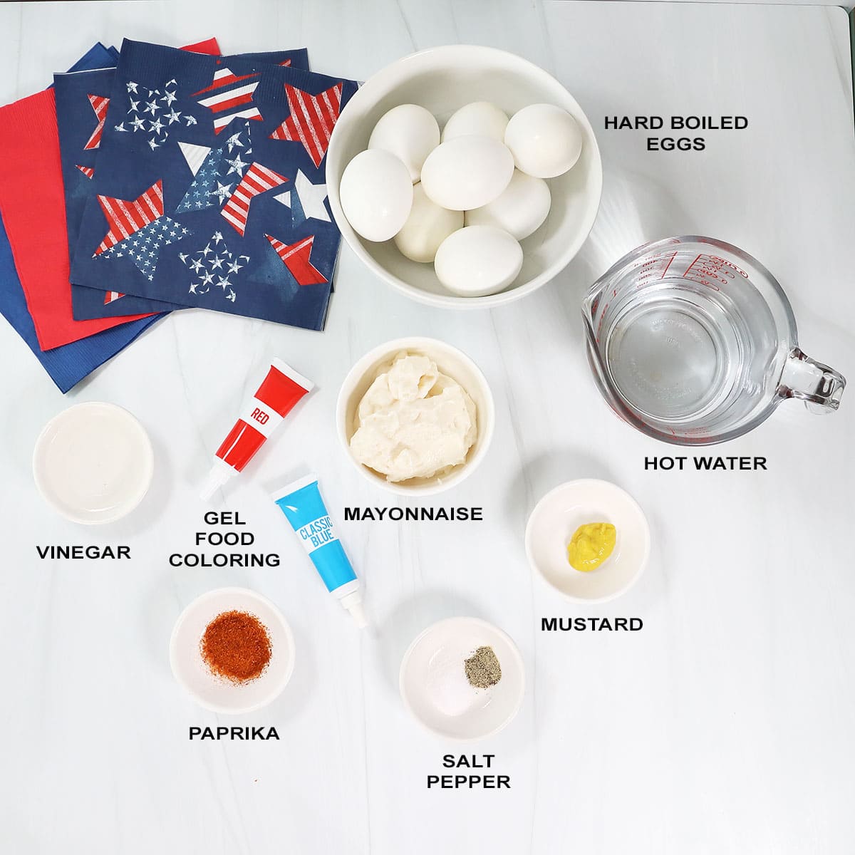 Ingredients for 4th of July Deviled Eggs.