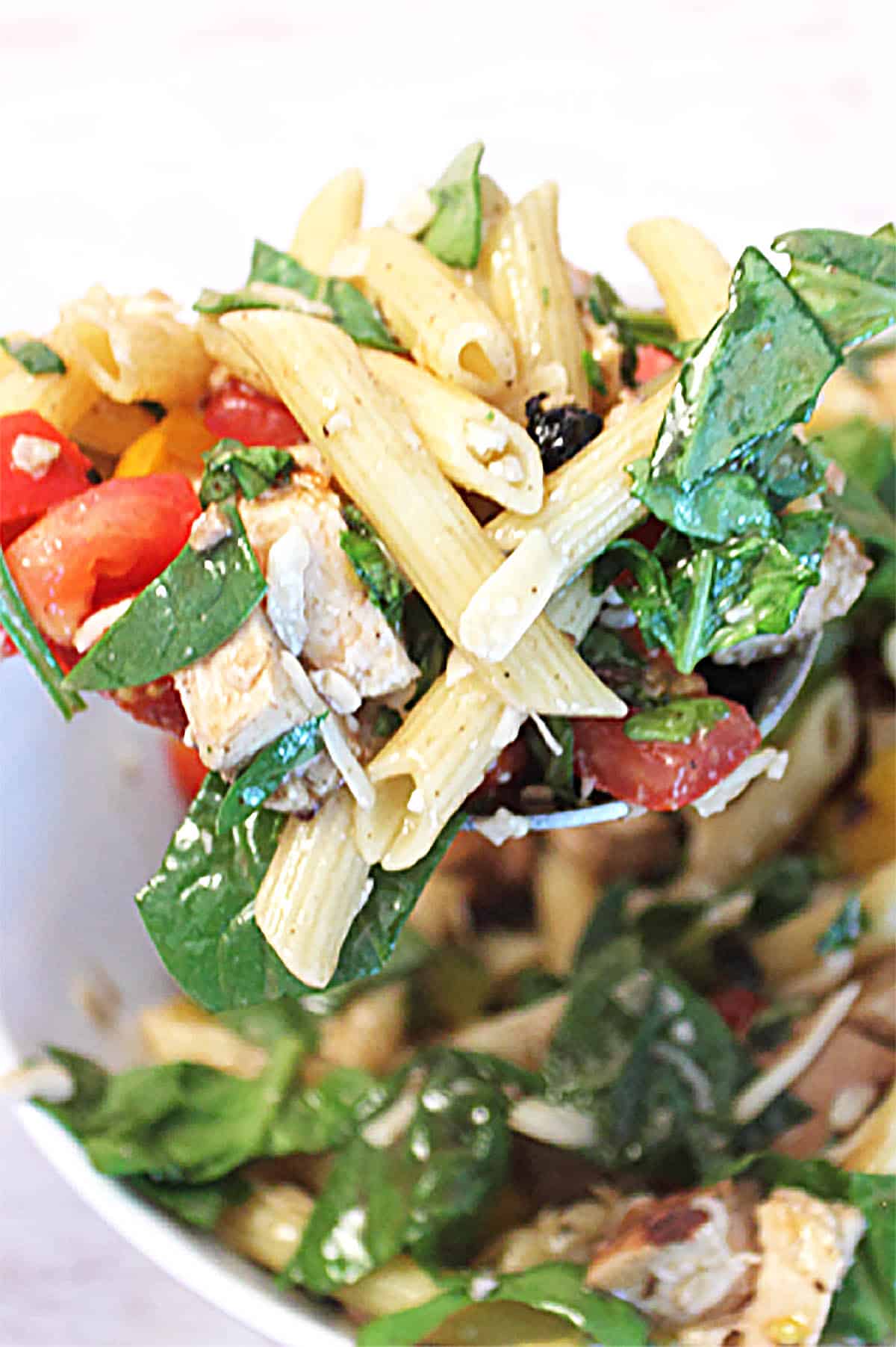 Closeup of spoonful of pasta salad over white salad bowl.