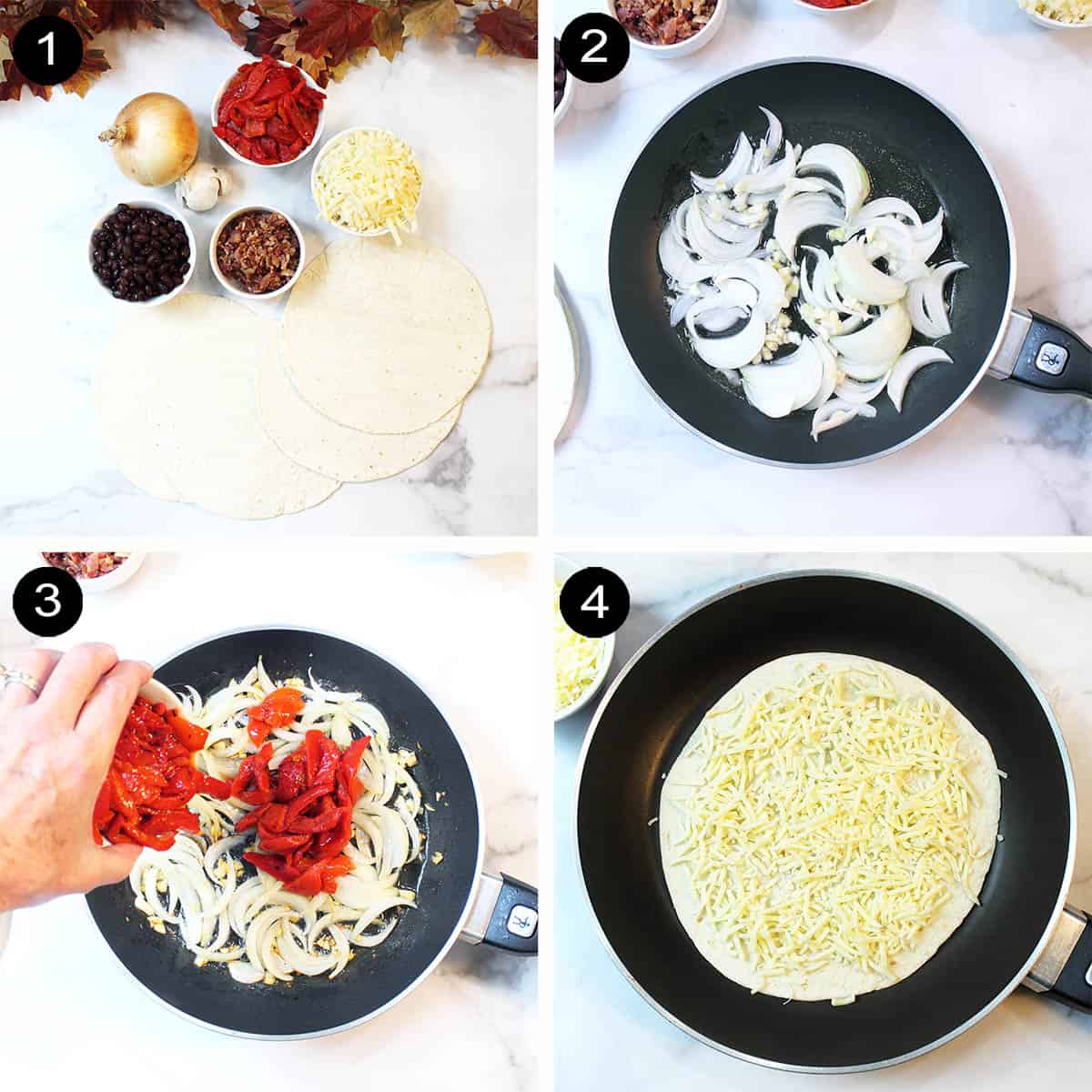 Prep steps and cooking quesadillas.