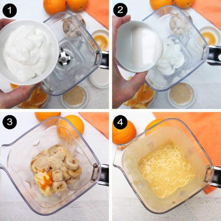 Steps 1-4 to make banana orange smoothie.
