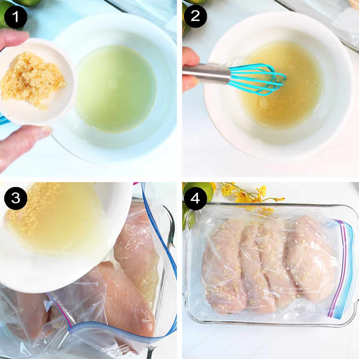 Steps to marinate chicken.