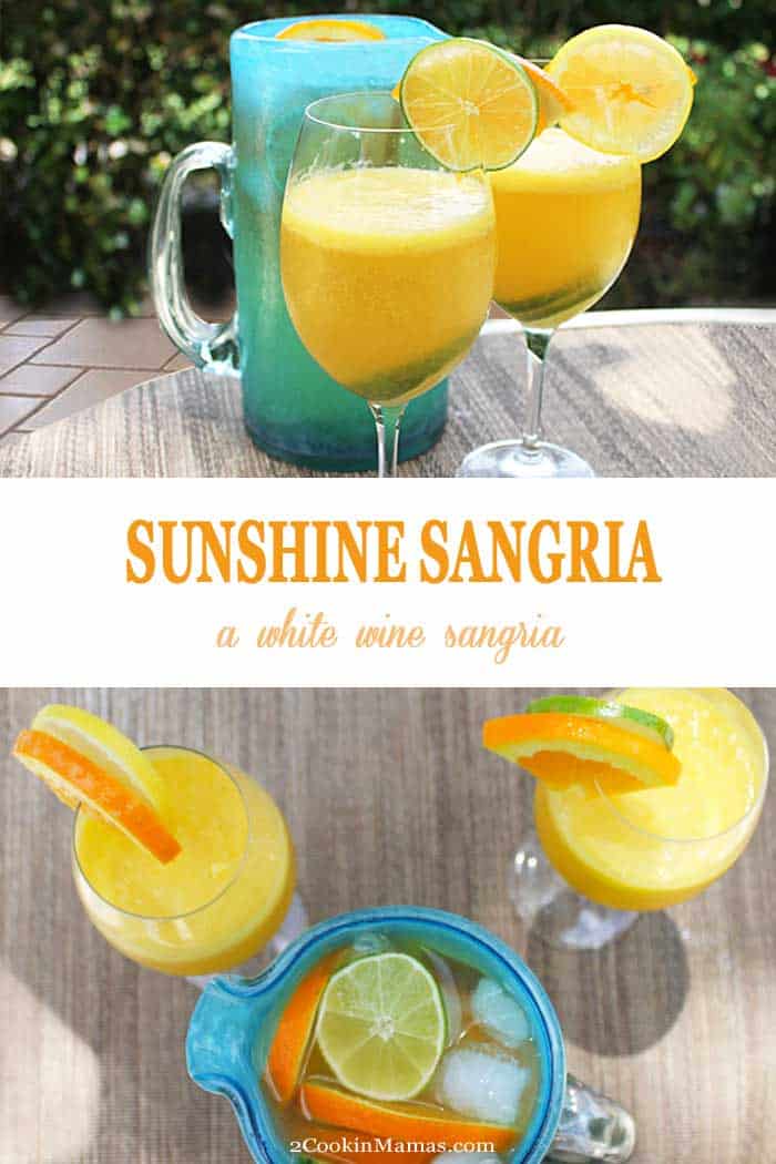 Sunshine Sangria | 2 Cookin Mamas Our delicious sunshine sangria is the perfect sipper on a warm summer day. Full of freshly juiced oranges, lemons, limes and mango, a little white wine & the effervescence of sparkling coconut water, it's like a tropical getaway in a glass. #sangria #whitewine #cocktail #summer #oranges #lemons #limes #sparklingcoconutwater #recipe #juicing