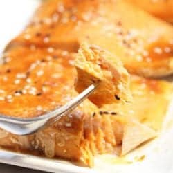 Bite of salmon on fork over platter.