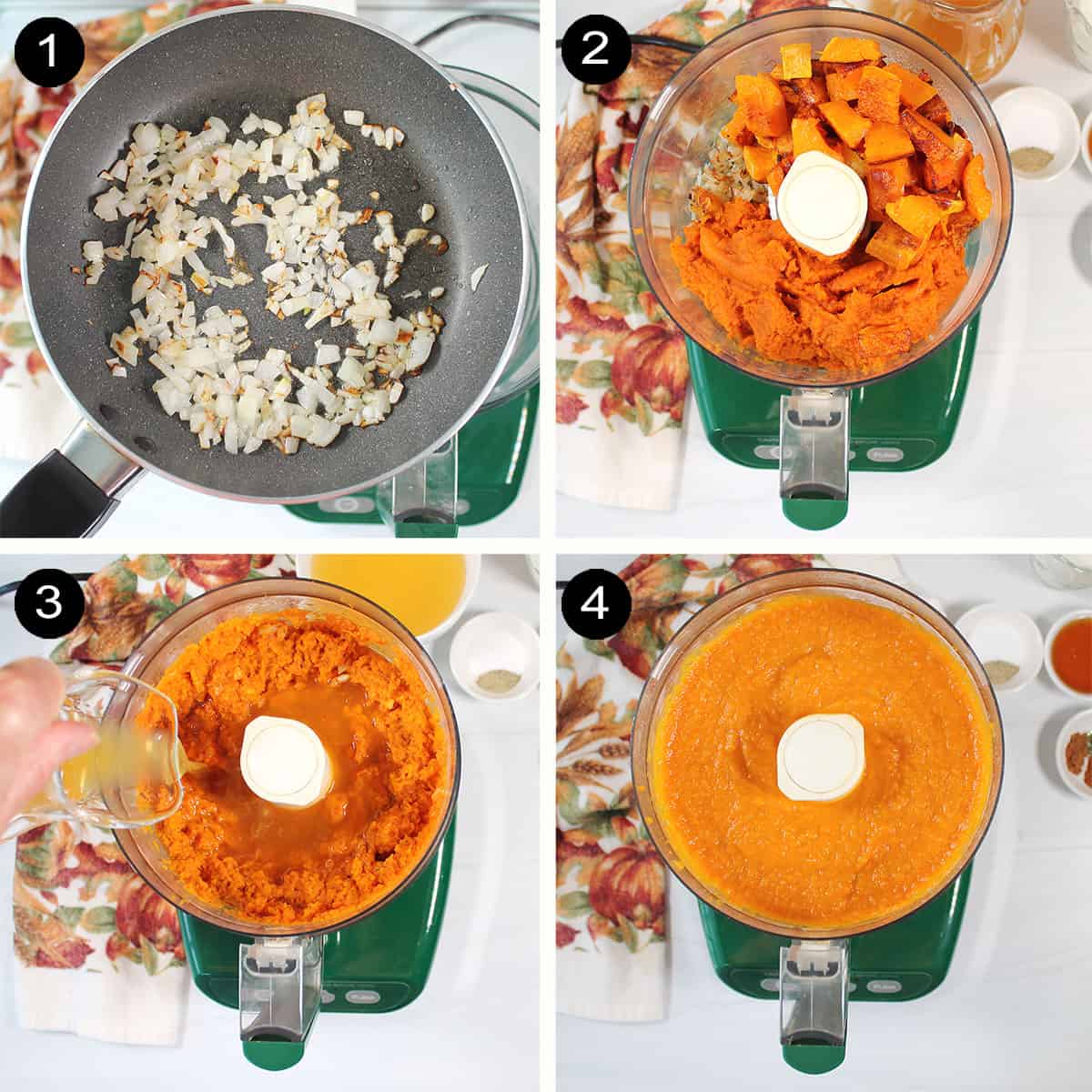 Pumpkin squash soup prep steps 1-4.