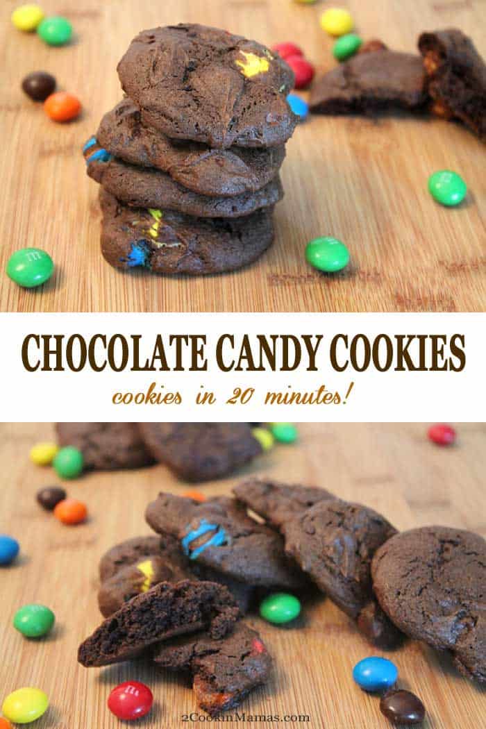 Chocolate Candy Cookies | 2 Cookin Mamas These easy chocolate candy cookies are super chocolaty & packed with M&Ms or your favorite chocolate chips. They start with a boxed cake mix but you'd never know and taste totally homemade! The best part is they go from bowl to mouth In 20 minutes! #cookies #chocolatecookies #chocolate #easyrecipe #recipe #M&Ms #chocolatechips
