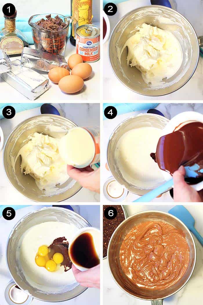 Making chocolate cheesecake batter.