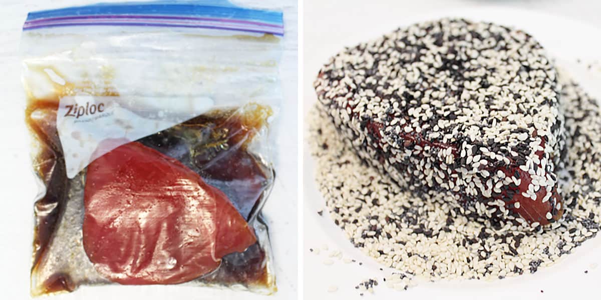 Marinating tuna then coating tuna with sesame seeds. prepping tuna steak