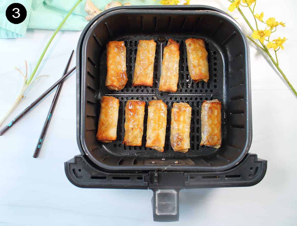 Overhead of air fried egg rolls.