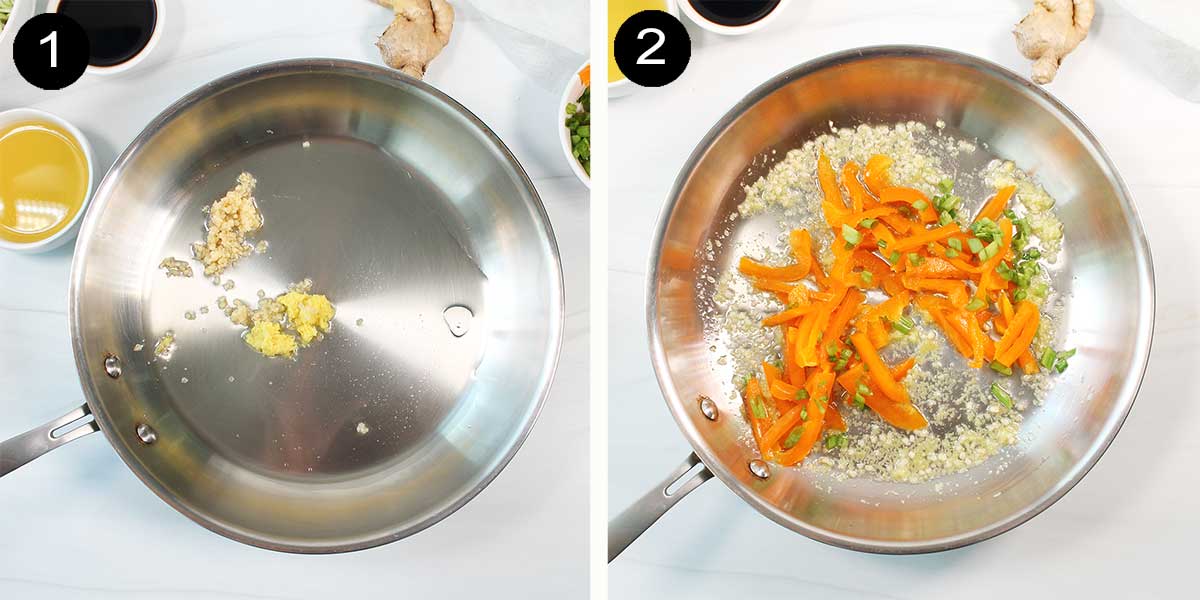 Preparing filling for egg rolls steps 1-2.
