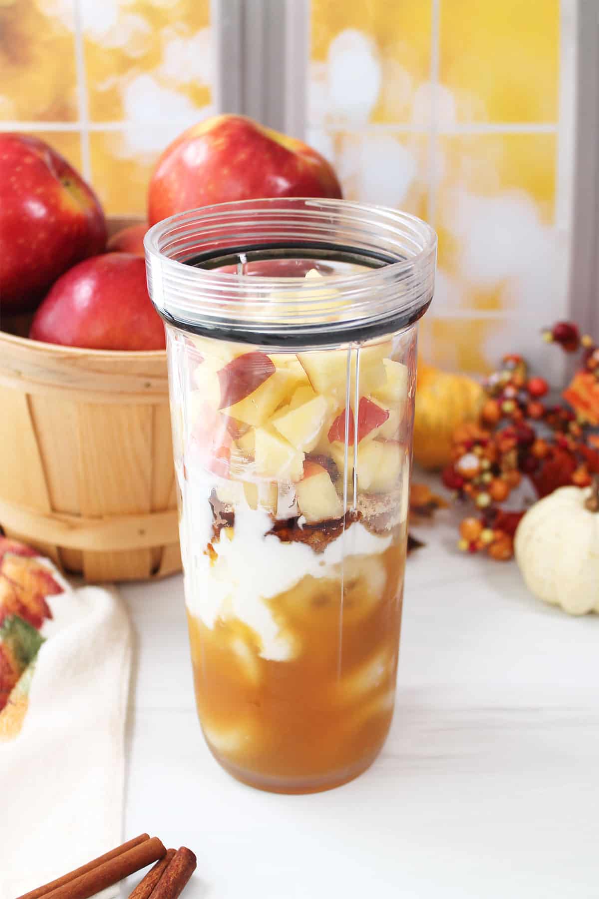 Ingredients for smoothie in blender jar.