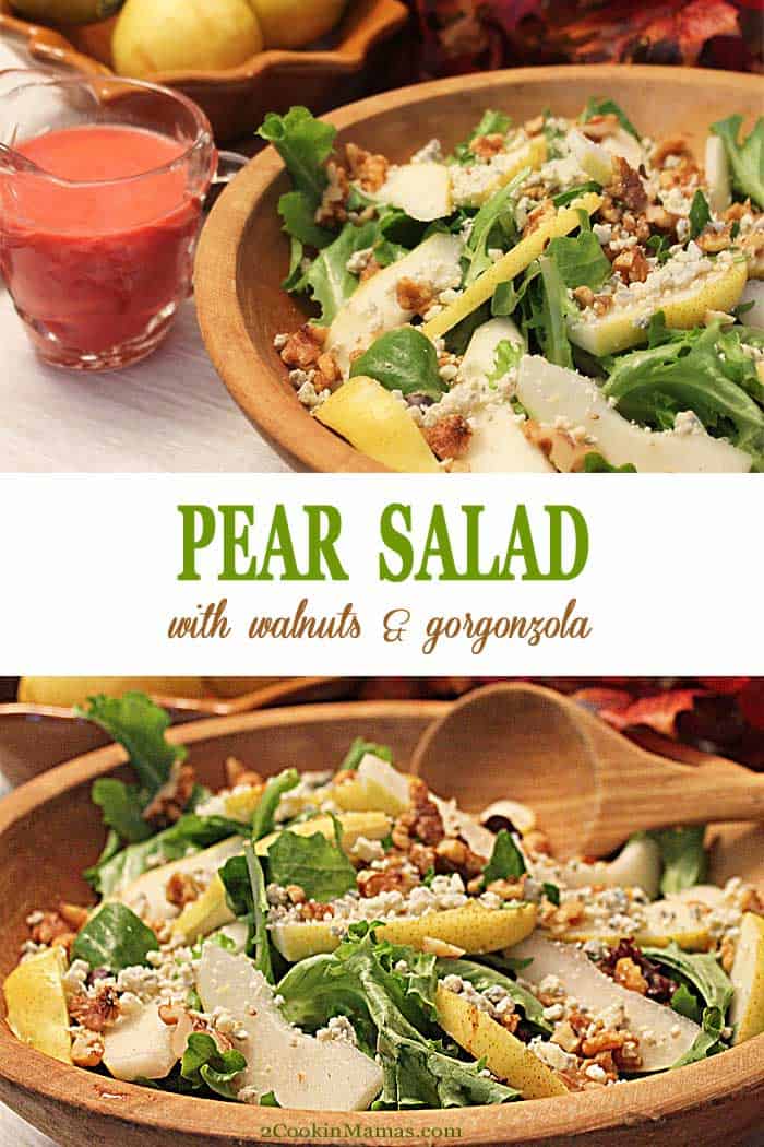 Pear Walnut Gorgonzola Salad | 2 Cookin Mamas This Pear Walnut Gorgonzola Salad is a light and healthy side dish that pairs well with any meal. It has only 4-ingredients and is perfect served with your favorite raspberry vinaigrette. Add cranberries for a festive holiday touch. #salad #healthy #pears #walnuts #gorgonzola #sidedish #recipe