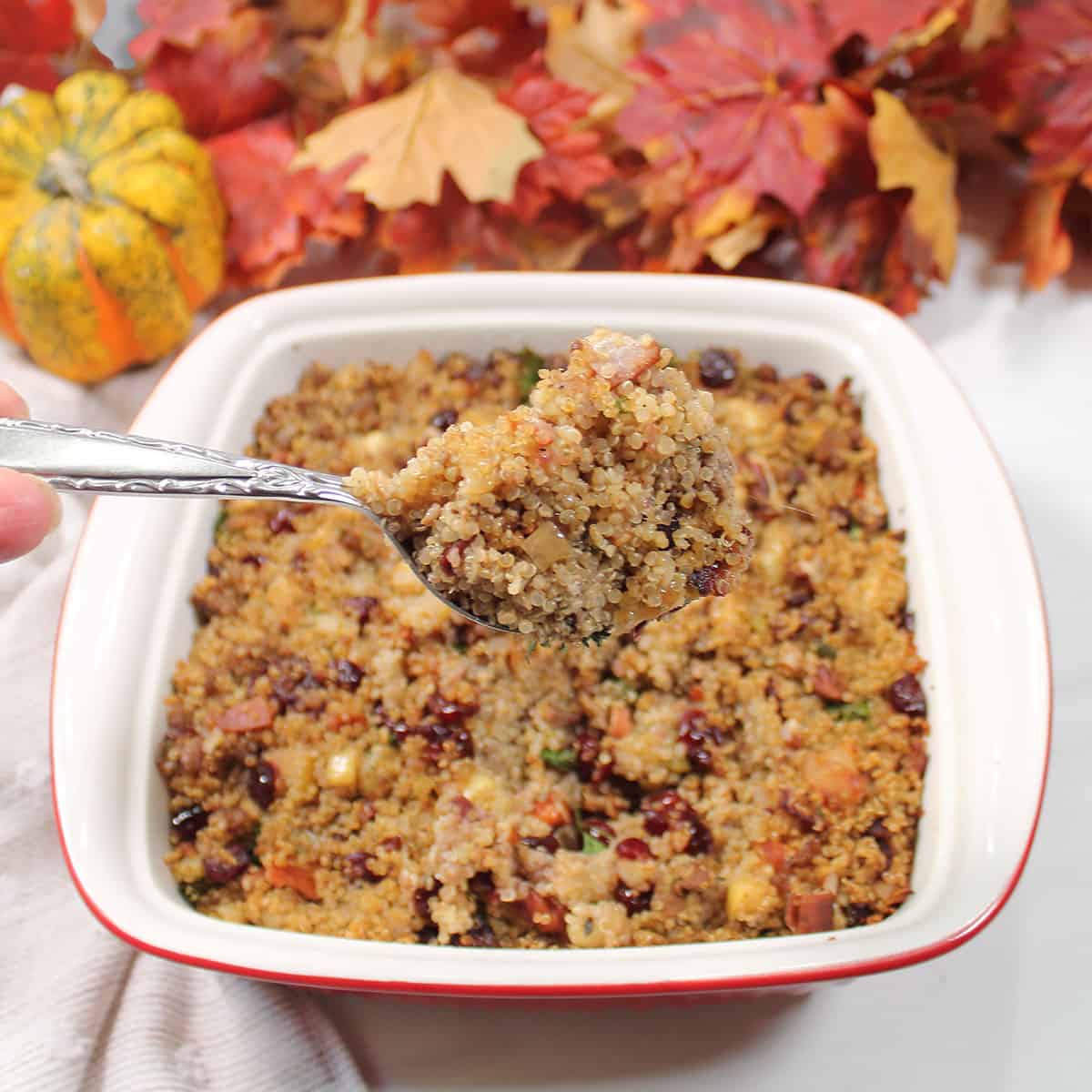 Spoonful of gluten free stuffing over baking dish.