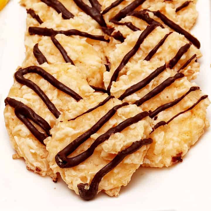 Closeup of cookies on white platter.