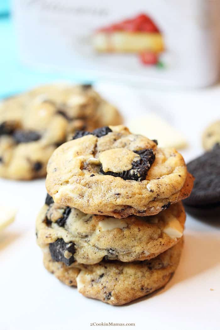 Stack of Oreo Cookies and Cream Cookies on white marble.