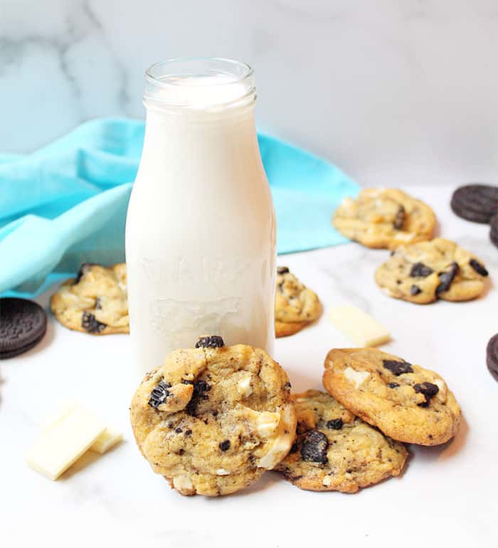 Cookies and Cream cookies with milk bottle.