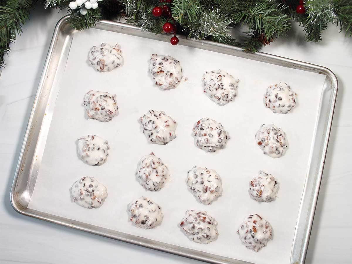 Cookies on baking sheet ready for oven.