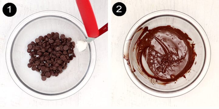 Collage of steps to make chocolate drizzle.