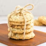 Special K cookies tied with twine on wooden board.