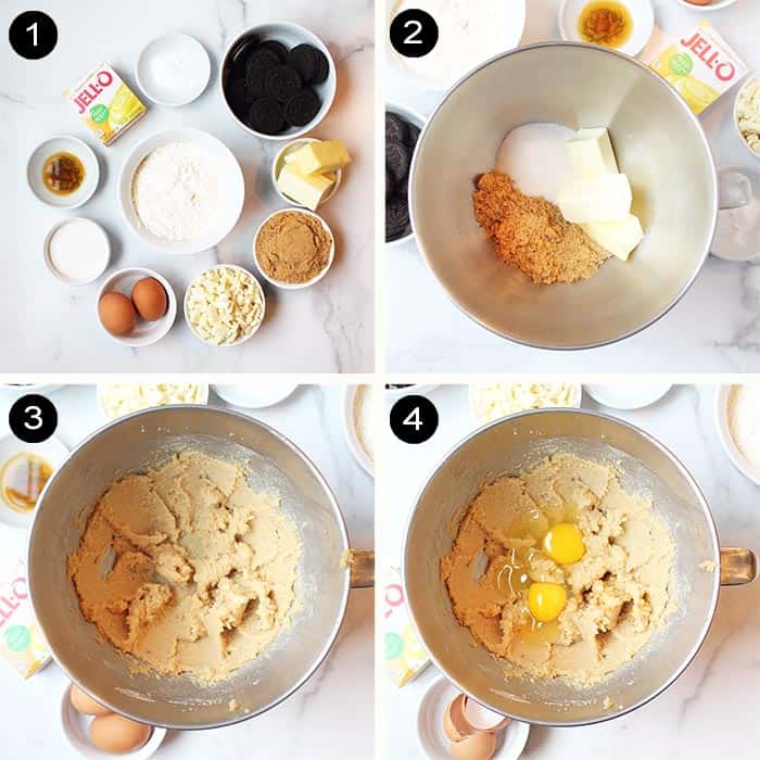 Steps 1-4 with ingredients for Oreo cookies through creaming dough