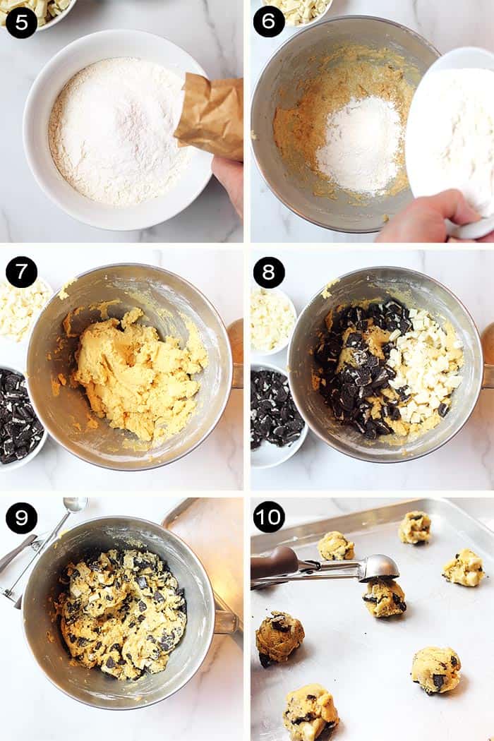 Steps 5-10 adding oreos and white chocolate to dough.
