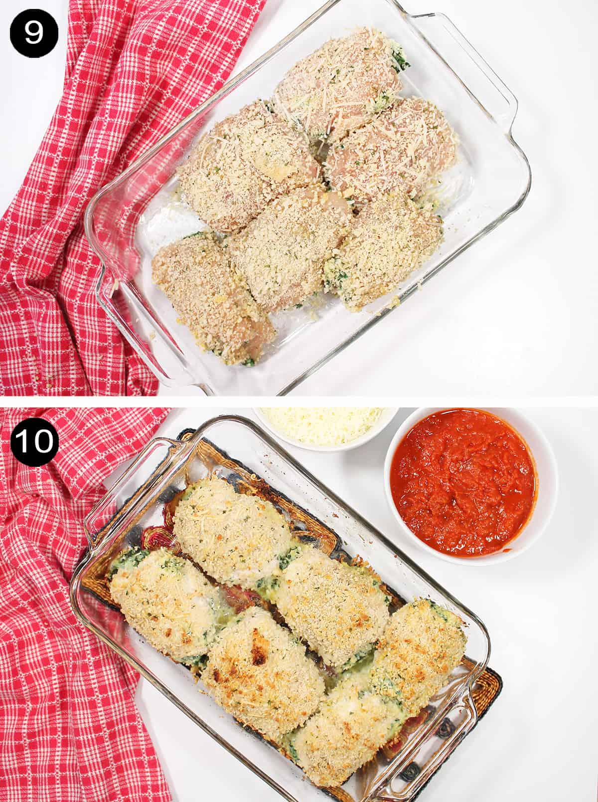 Stuffed chicken breasts before and after baking.