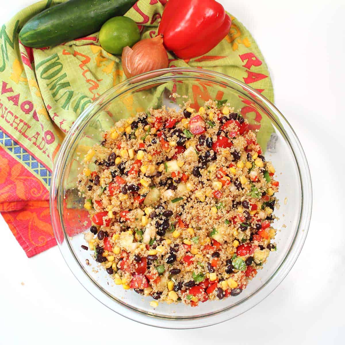 Overhead of finished black beans and quinoa salad.