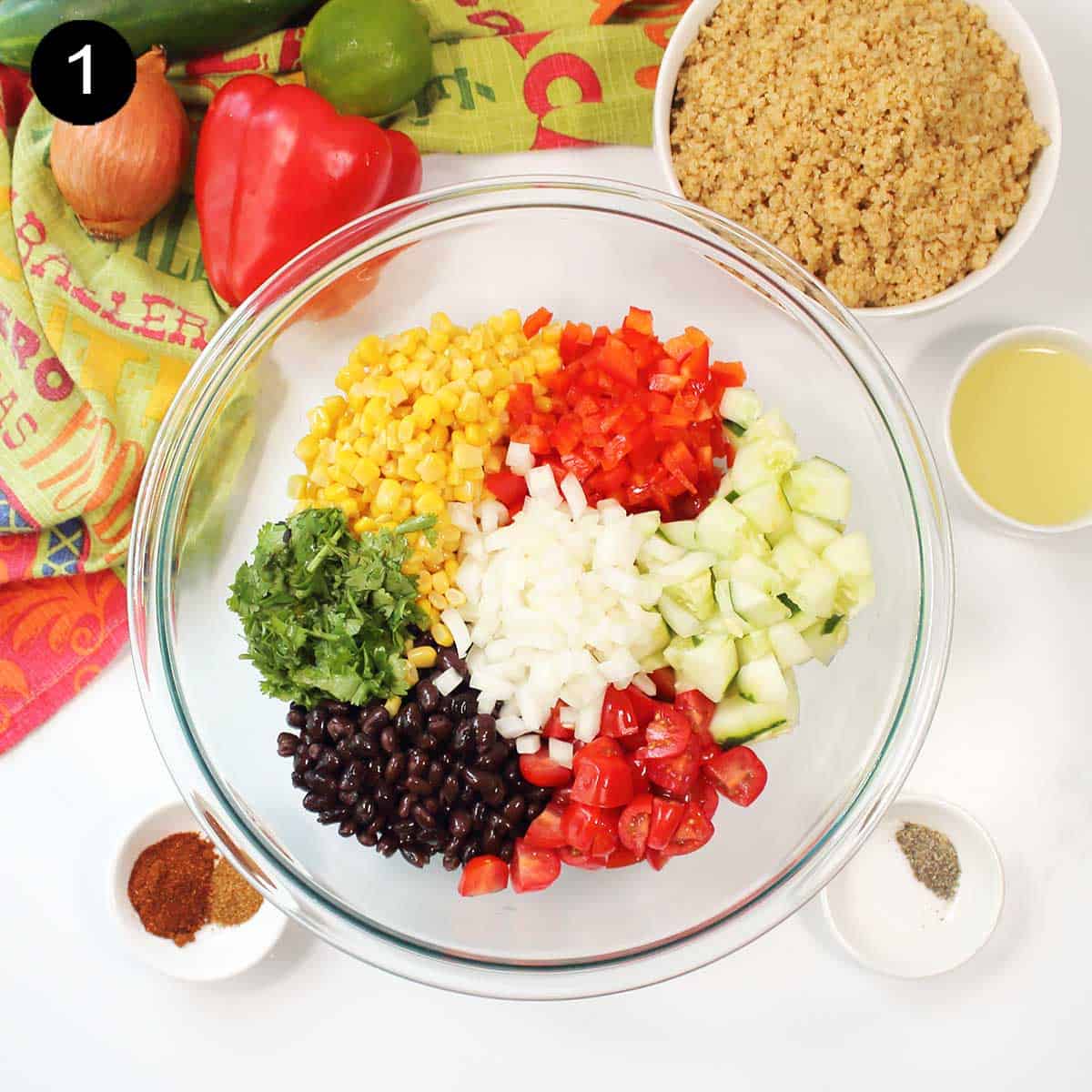 Overhead of all cut-up vegetables in bowl.