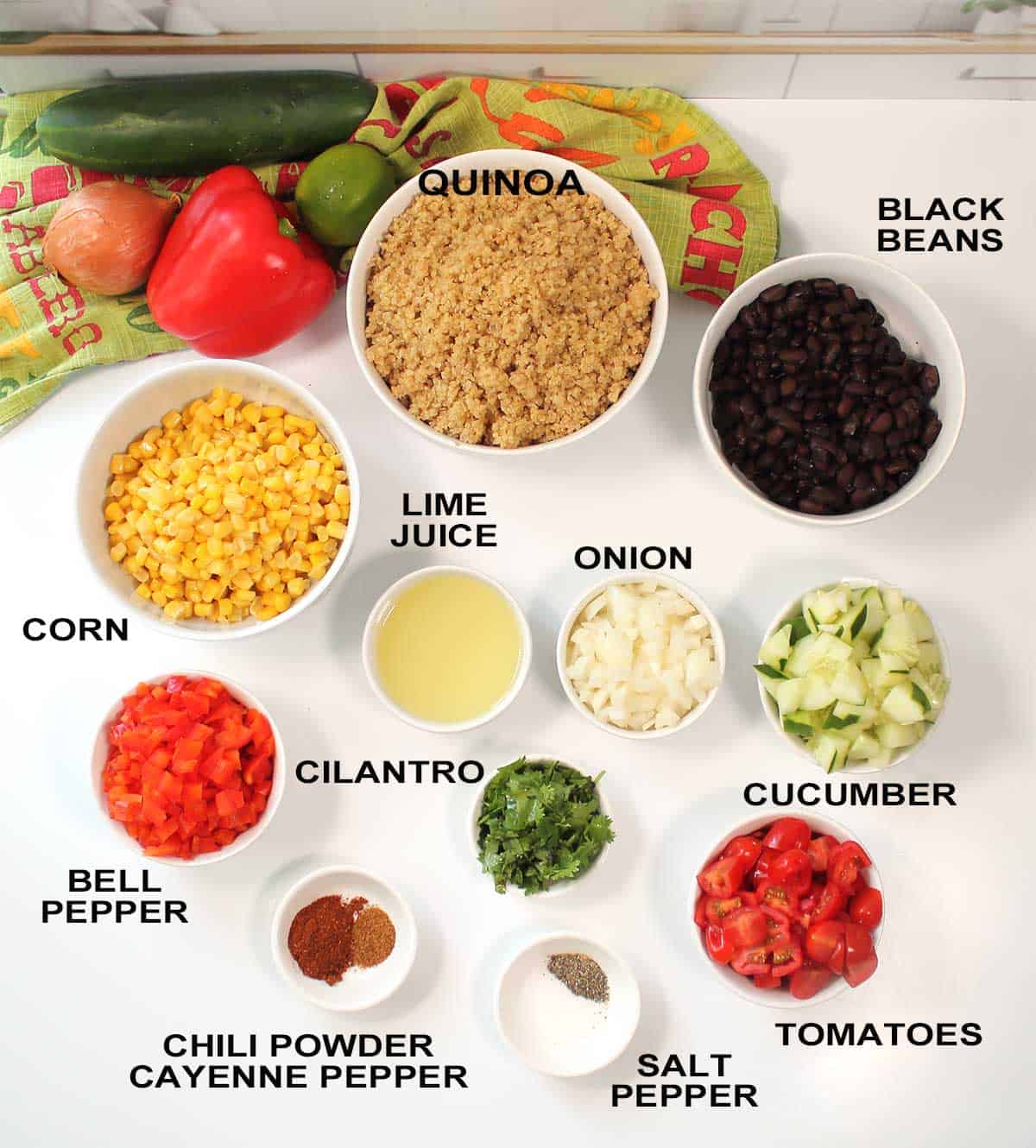 Ingredients for quinoa black bean corn salad.