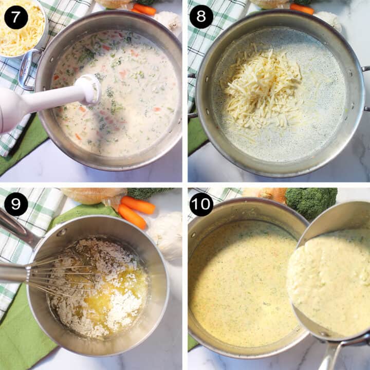 Finishing steps to make Broccoli Cheese Soup.