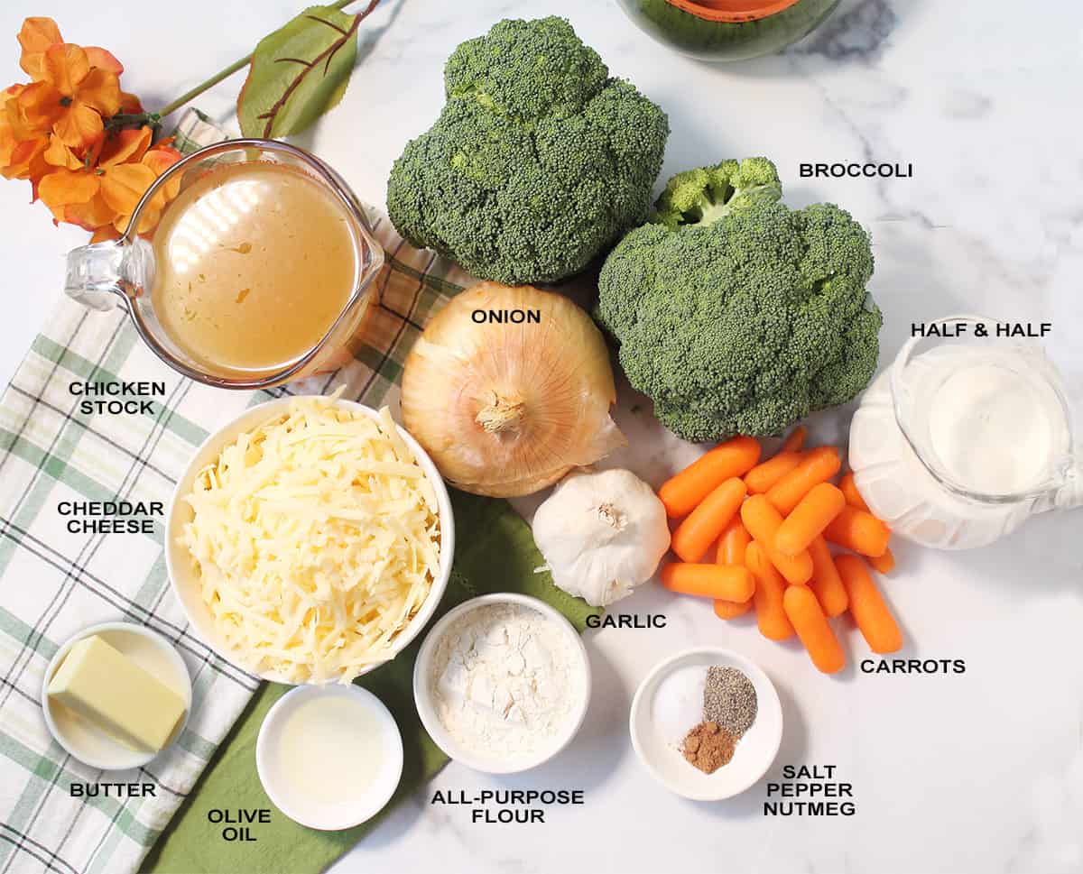Labeled ingredients for broccoli carrot cheese soup.
