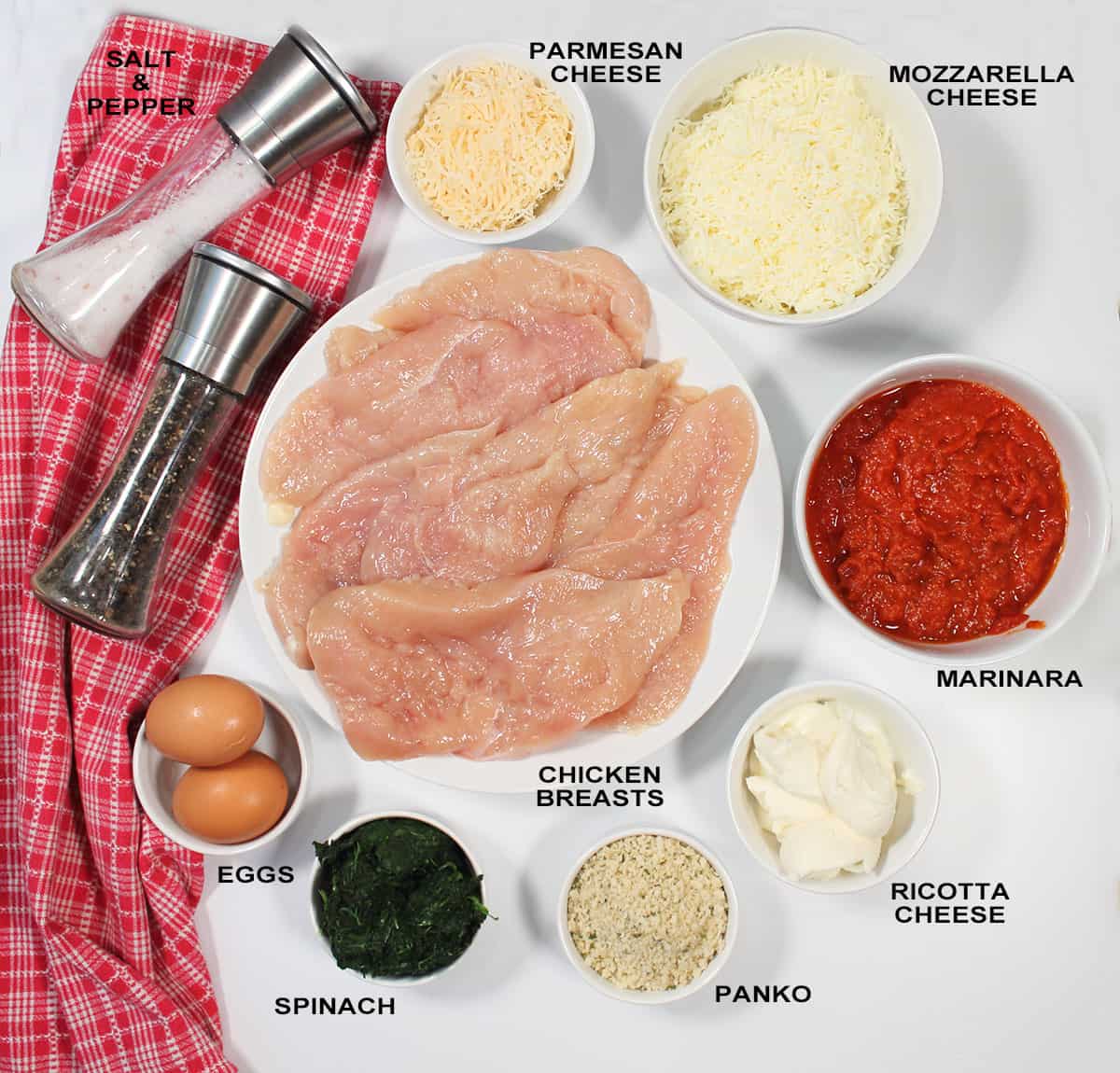 Ingredients for chicken and cheese stuffed chicken breasts.
