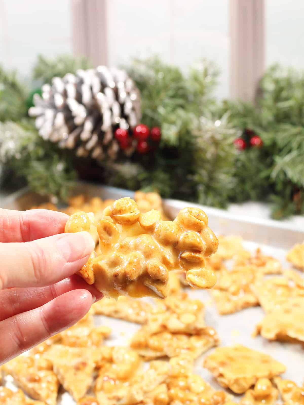 Holding piece of homemade peanut brittle.