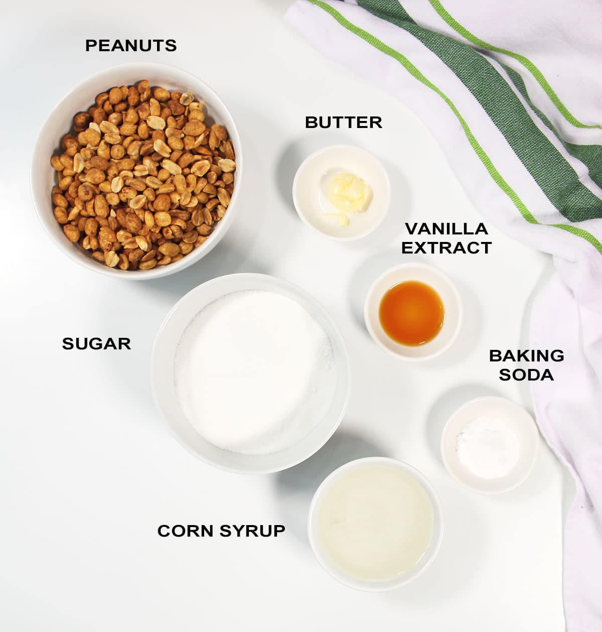 Ingredients for microwave peanut brittle recipe.