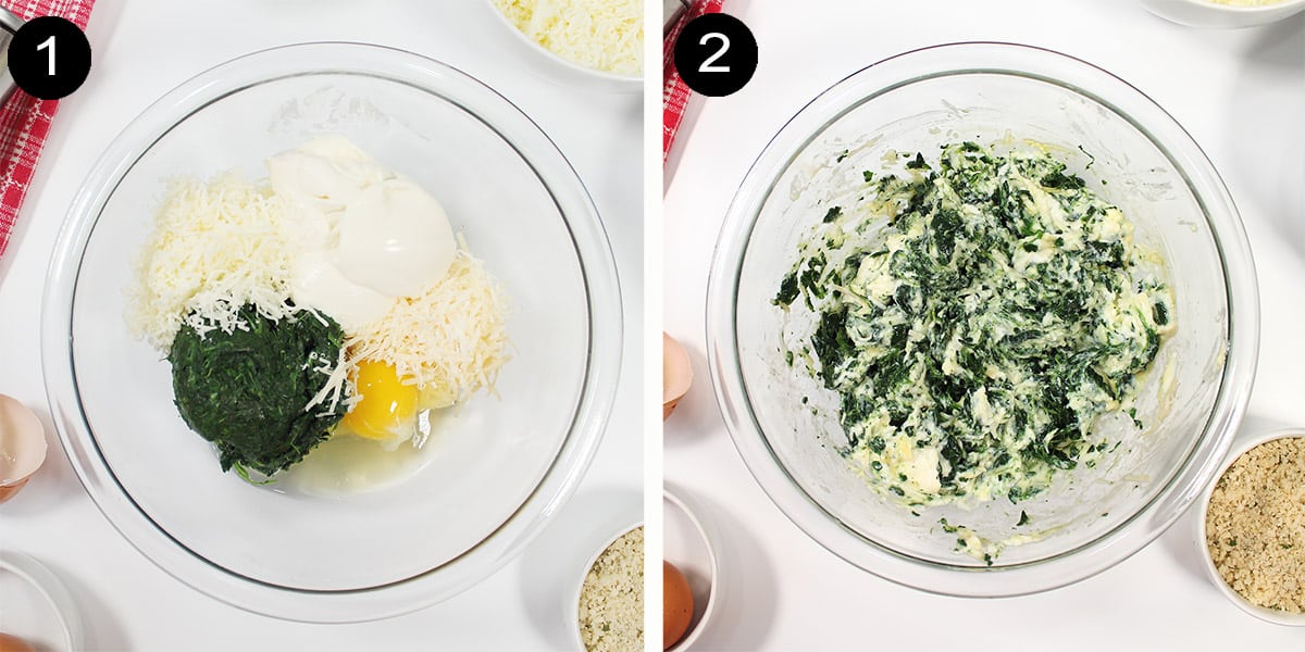 Preparing cheese and spinach mixture.