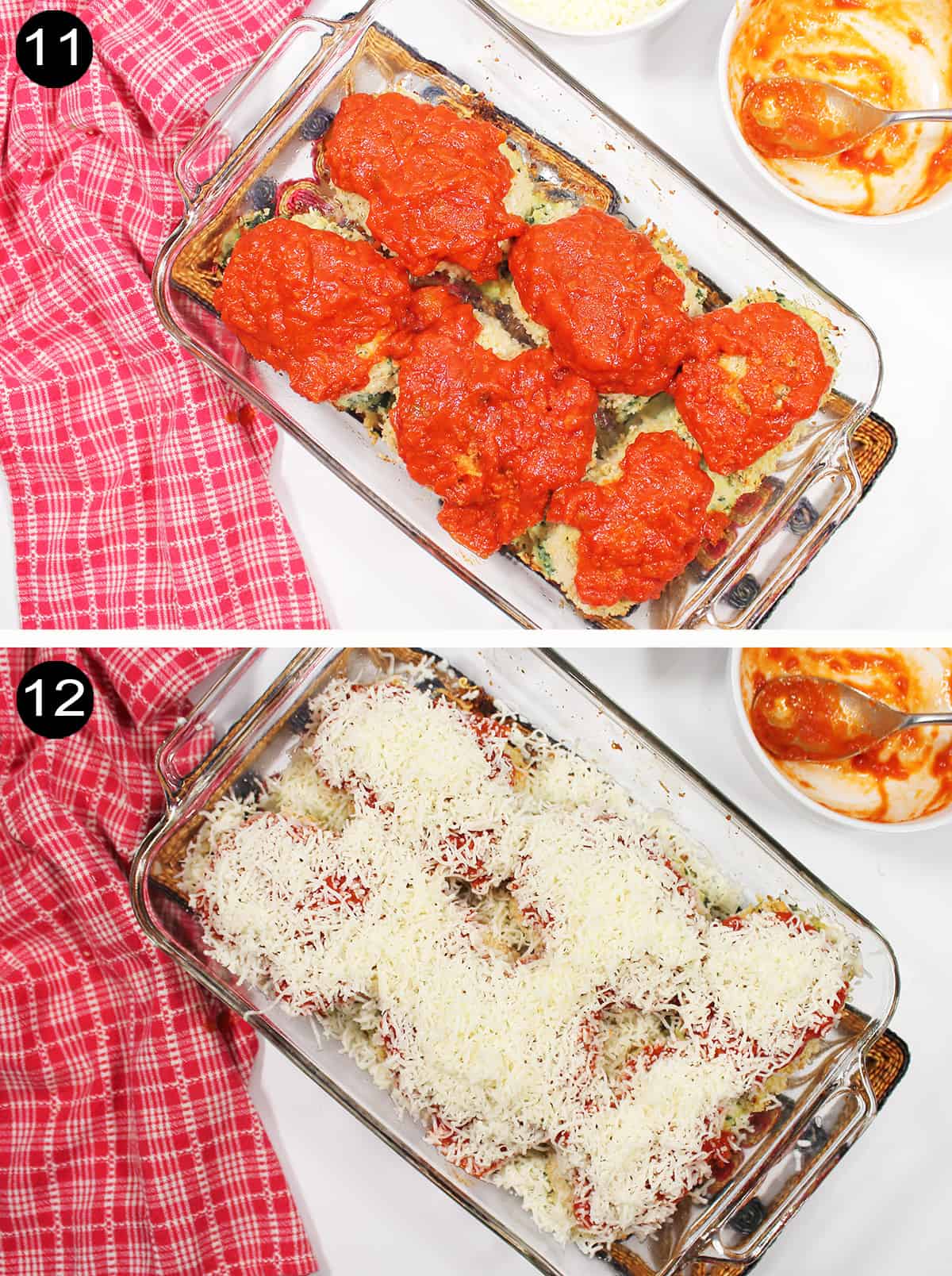 Finishing steps for stuffed chicken breasts.