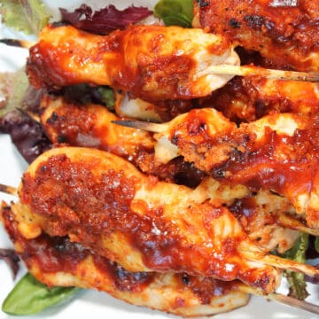 Closeup of Bourbon BBQ Sauce covered chicken kabobs.