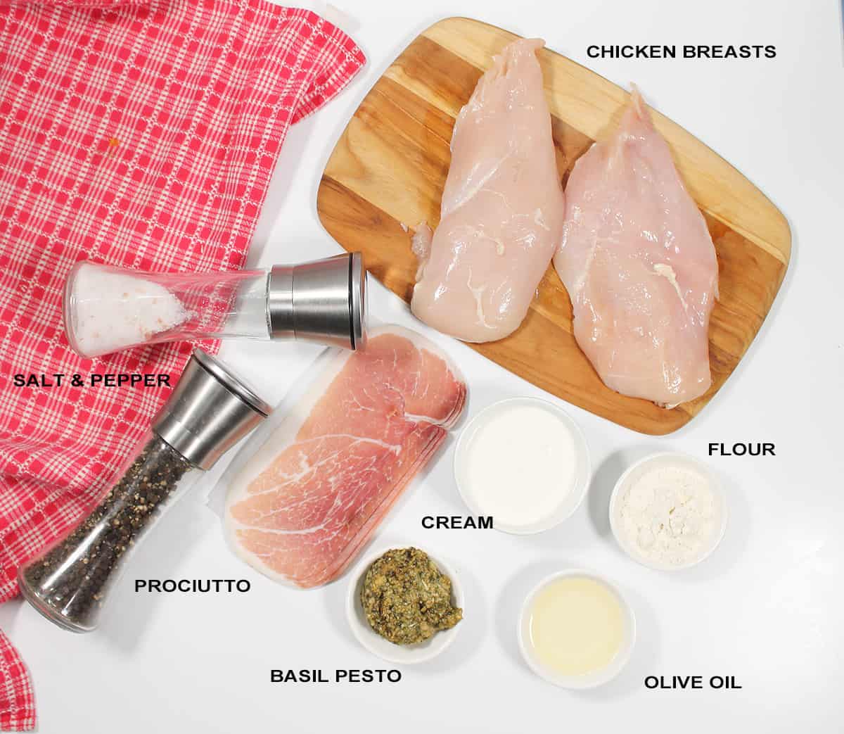 Ingredients for chicken breast wrapped with prosciutto.